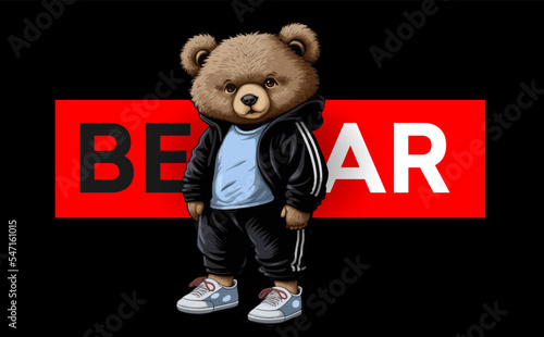 The bear stands in a black tracksuit and a white T-shirt isolated on a white background. Vector illustration