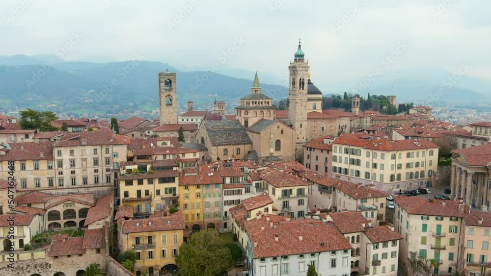 Scenic aerial view of Citta Alta, Old town district of Bergamo city Scenic aerial view of Citta Alta, Old town district of Bergamo city