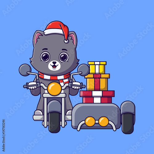 cute cat carrying gifts box on motorcycle with sidecar