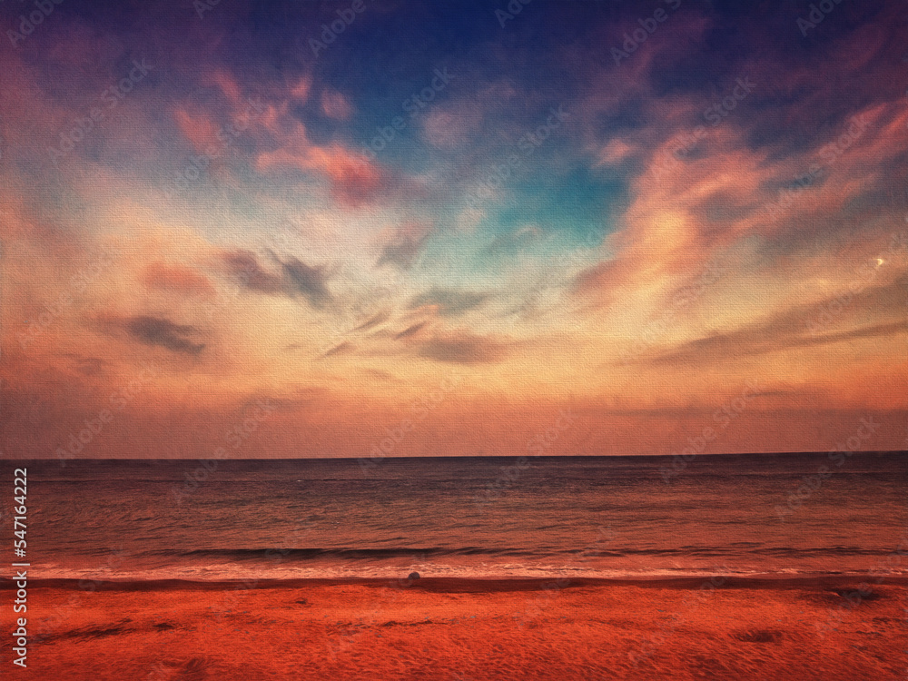 Multicolored sunset on the sea, clouds, shore. Illustration