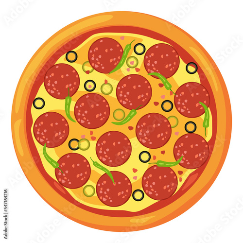 Pizza top view with salami slices. Pepperoni cartoon icon