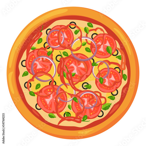Tasty italian pizza top view. Delicious food icon