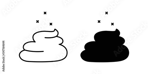Set of piles of shit with flies. Silhouette of dog excrement with an unpleasant smell from them. Symbol of disgust. Black and white graphics. Turd in cartoon style contour graphics.