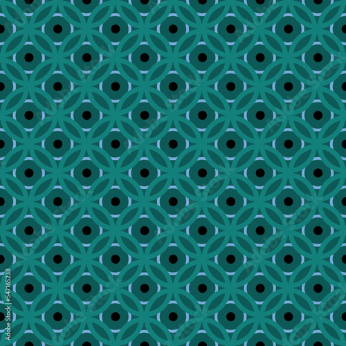 Geometric turquoise seamless mosaic pattern with intersecting circles and black dots. Fabric man  woman dress cloth  cards  shirts design ornament.