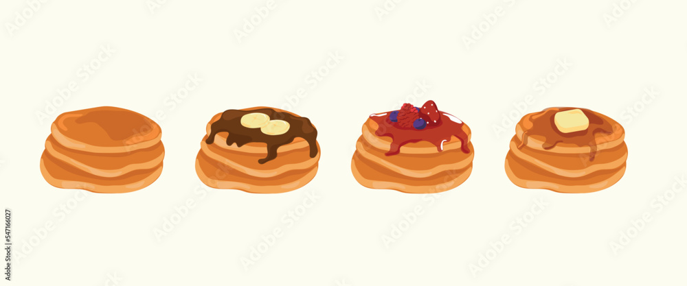 Set of plain pancakes and toppings on pancake. Set of plain pancakes and toppings on pancake.