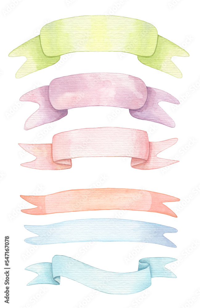 set of hand painted watercolor stripes, ribbons and shapes on white background set of hand painted watercolor stripes, ribbons and shapes on white background