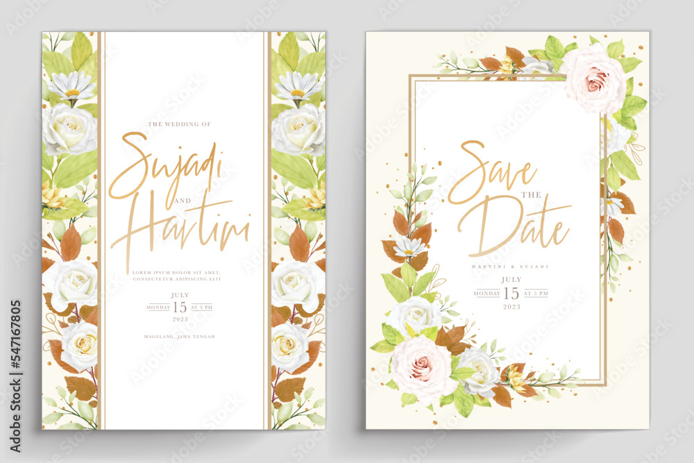 hand drawn watercolor floral and leaves background wedding card design