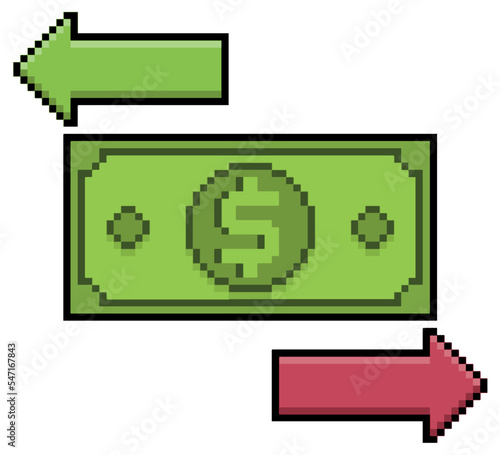 Pixel art banknote with arrows, money transaction vector icon for 8bit game on white background