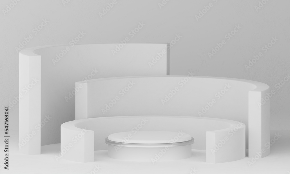 White pedestal of platform display with metal gold modern stand podium with cylinder shapes on white geometric background. Empty product shelf. 3D rendering. White pedestal of platform display with metal gold modern stand podium with cylinder shapes on white geometric background. Empty product shelf. 3D rendering.