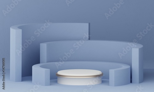 White  pedestal of platform display with metal gold modern stand podium with cylinder shapes on blue pastel geometric background. Empty product shelf. 3D rendering.