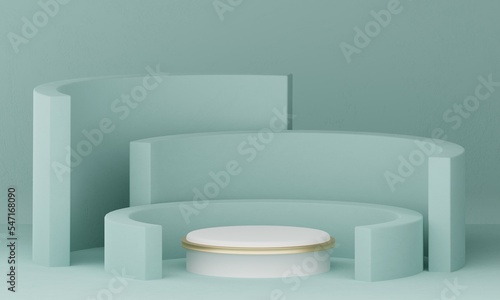 White pedestal of platform display with metal gold modern stand podium with cylinder shapes on green blue pastel geometric background. Empty product shelf. 3D rendering.