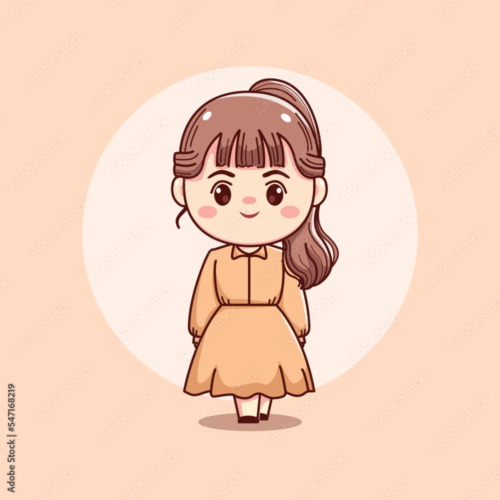 Cute happy beautiful girl straight long hair kawaii chibi mascot character cartoon illustration Cute happy beautiful girl straight long hair kawaii chibi mascot character cartoon illustration