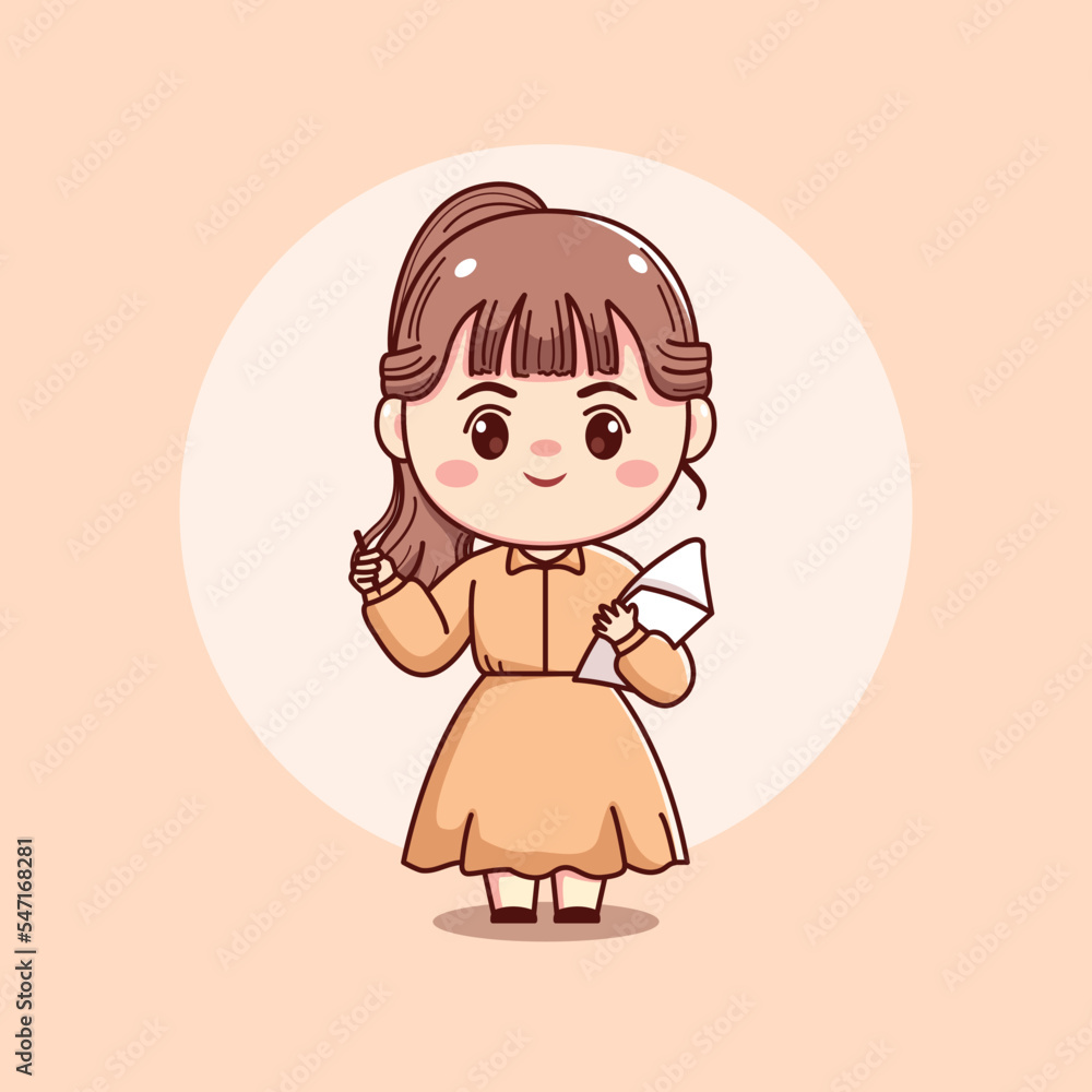 Cute beautiful girl with pen and paper mascot character cartoon illustration Cute beautiful girl with pen and paper mascot character cartoon illustration