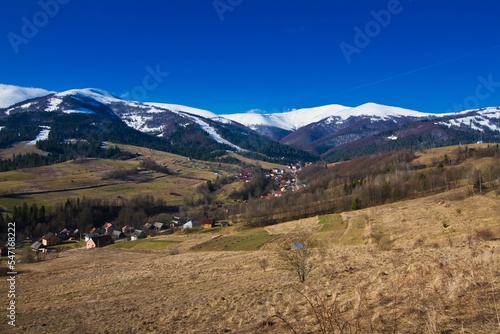 dreamy spring countryside sundawn  farming field at small village in Carpathian Mountains of Transcarpathia  dry grass and garden trees  Gemba peak lie in snow  protection and ecology background