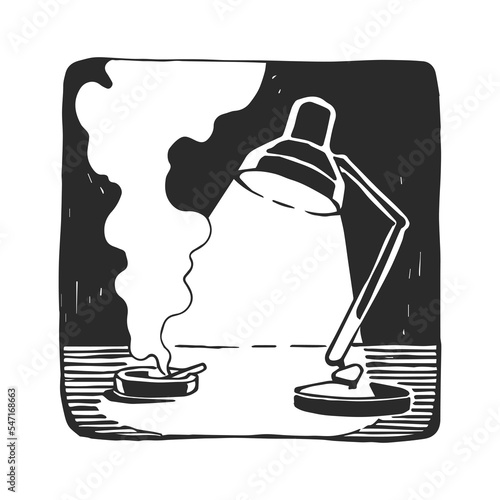 Vector illustration of a private investigator's desktop with a lamp and an ashtray.  A hand-drawn sketch for the design of a detective story.