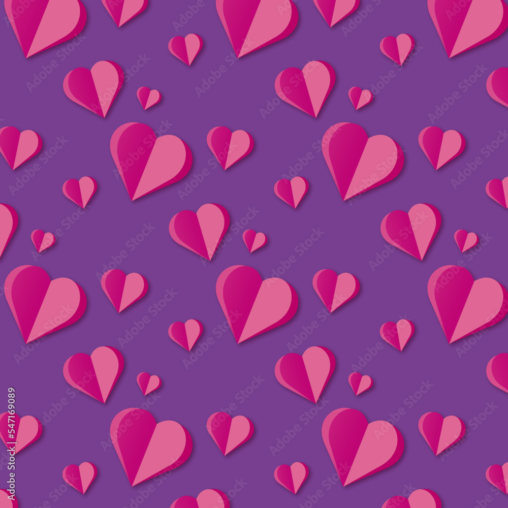 Repeating pattern of pink hearts on purple background