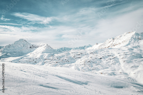 Breathtaking snowy winter mountain landscape photographed at ski resort Mölltaler Gletscher.