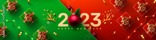 Fotografia New Year 2023 Promotion Poster or banner with gift box and christmas element for Retail,Shopping or Christmas Promotion