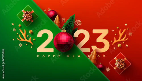 Leinwand Poster 2023 New Year Promotion Poster or banner with gift box and christmas element for Retail,Shopping or Christmas Promotion