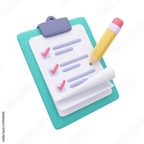 3D report paper clipboard. Note paper for checklist notes. 3D illustration.