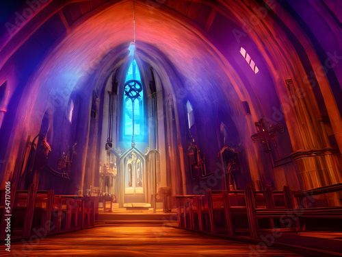Satans Kirche, Kathedrale von innen, mystisch düster, rotes Leuchten photo