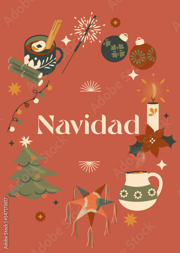 Set de ilustración vectorial de iconos Navidad, posadas, noche buena en México. Piñata, tamales, ponche de frutas, árbol de navidad. 24 diciembre. piñata, ponche, esfera, luz