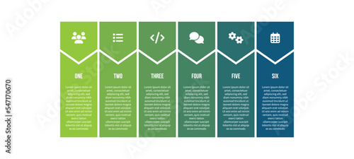6-step process infographic in blue and green, rectangular phases with icons