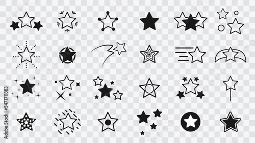 Star icon set on transparent background. Сollection of original vector stars, icons. Bright firework, decoration twinkle, shiny flash. Glowing light effect stars and bursts collection. Vector