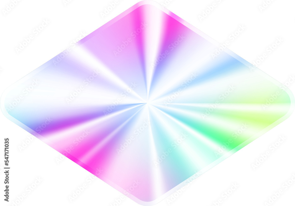 Fototapeta premium Holographic sticker. Rainbow label gradient stamp. Metal texture badge. Iridescent rainbow foil in rhombus shape. Neon emblem. 