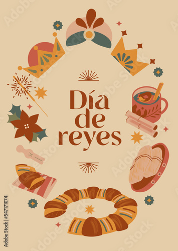Set de ilustración vectorial iconos Día de Reyes y Navidad en México y España. 6 de Enero, rosca, ponche, chocolate caliente, tamales, candelaria, corona, reyes