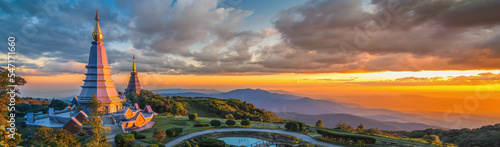 Quadro su tela Landmark Landscape of two pagoda on the top of Inthanon mountain, Chiang Mai, Thailand