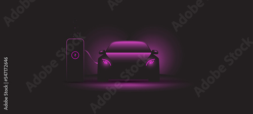 Plugin hybrid electric vehicle vector with car connected to an electric charging station and with red glow 