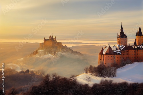 Aerial view of the Castle Hohenzollern in Germany by snowy winter photo