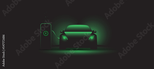 Plugin hybrid electric vehicle vector with car connected to an electric charging station and with green glow 