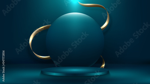 3D podium blue emerald circles backdrop minimal scene with golden ribbon and spotlight shine on the floor luxury style