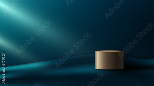 3D empty golden podium cylinder shape on fabric blue emerald color minimal scene dark blue background