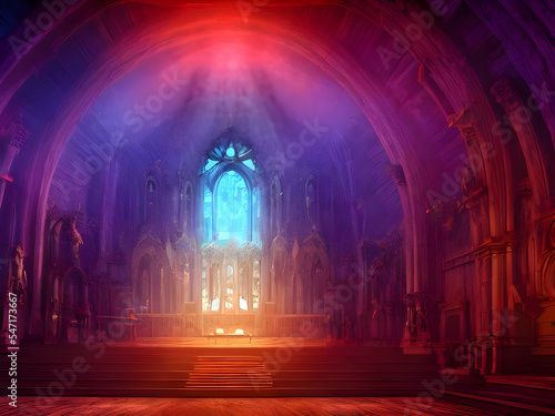 Düstere Kirche von Innen mit mystischem roten Leuchten, Illustration