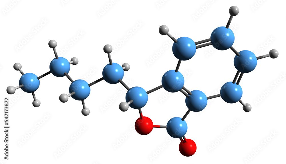 3D image of skeletal formula - molecular chemical structure of 3-n-butylphthalide isolated on white background
3D image of skeletal formula - molecular chemical structure of 3-n-butylphthalide isolated on white background