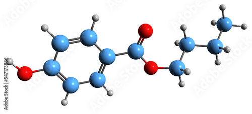  3D image of Butylparaben skeletal formula - molecular chemical structure of butyl p-hydroxybenzoate isolated on white background
 photo
