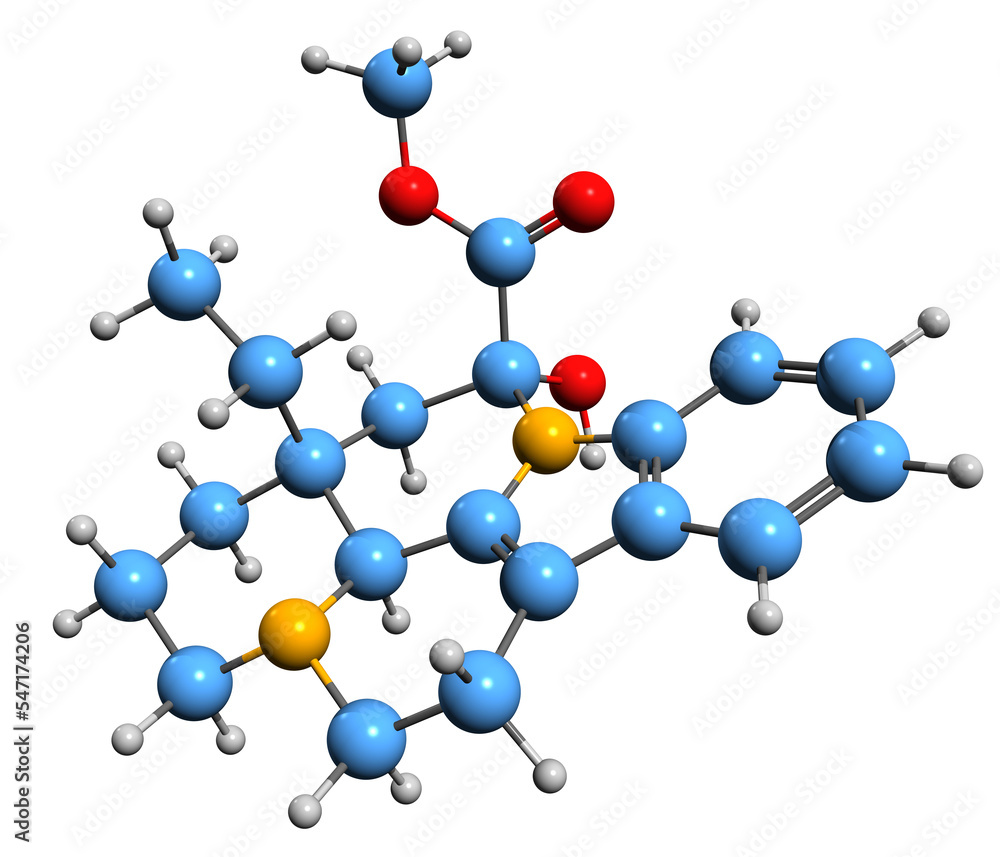 3D image of Vincamine skeletal formula - molecular chemical structure of monoterpenoid indole alkaloid isolated on white background
3D image of Vincamine skeletal formula - molecular chemical structure of monoterpenoid indole alkaloid isolated on white background