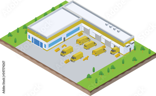 isometric scene of van at warehouse logistic hall unloading process in Company business