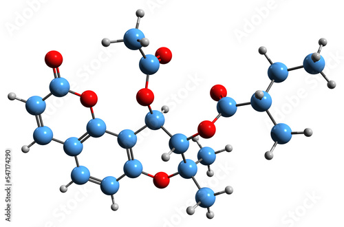  3D image of Visnadine skeletal formula - molecular chemical structure of natural vasodilator isolated on white background
 photo