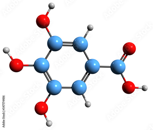  3D image of Gallic acid skeletal formula - molecular chemical structure of trihydroxybenzoic acid isolated on white background
 photo
