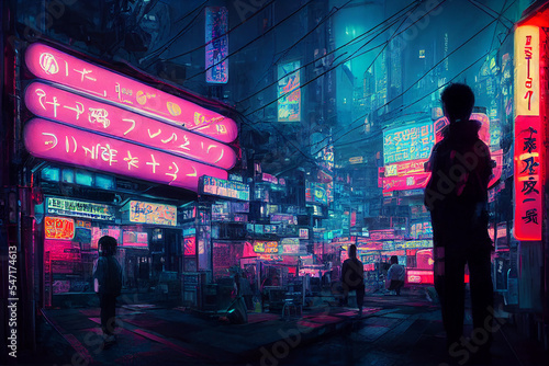 3D Rendering of billboards and advertisement signs at modern buildings in capital city with light reflection from puddles on street. Concept for night life, never sleep business district