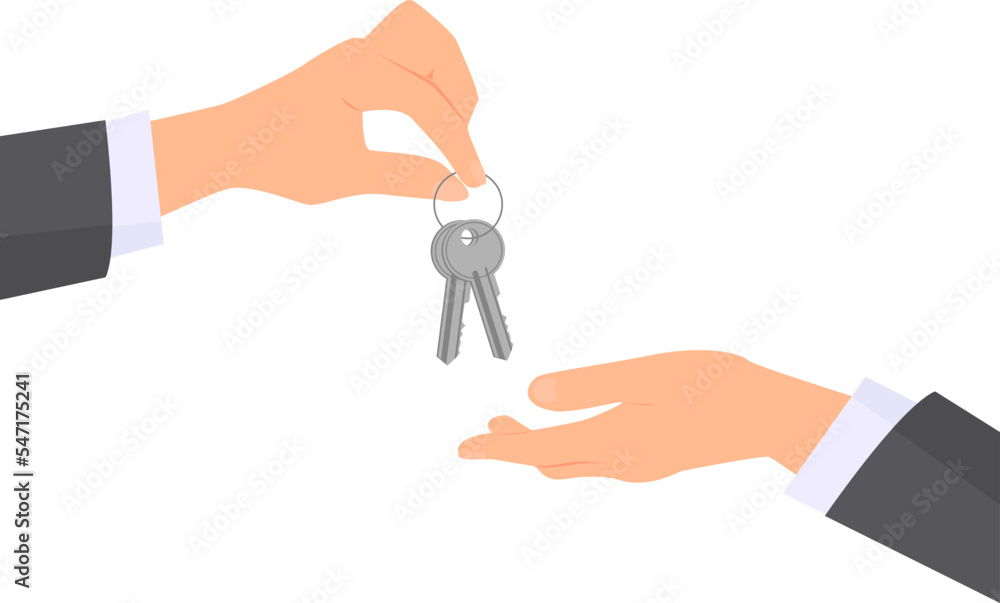 Two hands wearing in business suit. One hand giving two keys to another. Transparent background. Flat vector illustration. Two hands wearing in business suit. One hand giving two keys to another. Transparent background. Flat vector illustration.