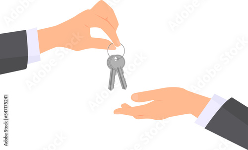 Two hands wearing in business suit. One hand giving two keys to another. Transparent background. Flat vector illustration.