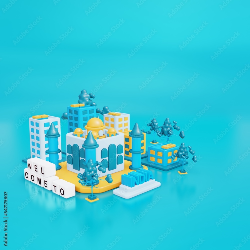 3d illustration India with simple building around and Taj Mahal as landmark in blue and yellow