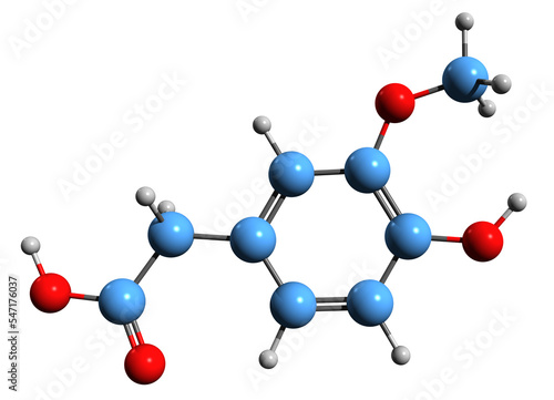 3D image of Homovanillic acid skeletal formula - molecular chemical structure of major catecholamine metabolite isolated on white background
 photo