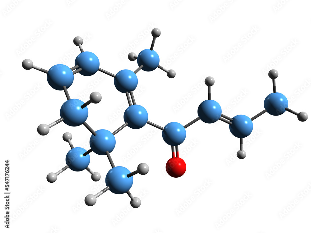 3D image of damascenone skeletal formula - molecular chemical structure of fragrance agent isolated on white background 3D image of damascenone skeletal formula - molecular chemical structure of fragrance agent isolated on white background