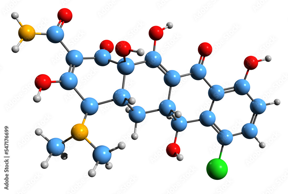 3D image of Demeclocycline skeletal formula - molecular chemical structure of tetracycline antibiotic isolated on white background
3D image of Demeclocycline skeletal formula - molecular chemical structure of tetracycline antibiotic isolated on white background